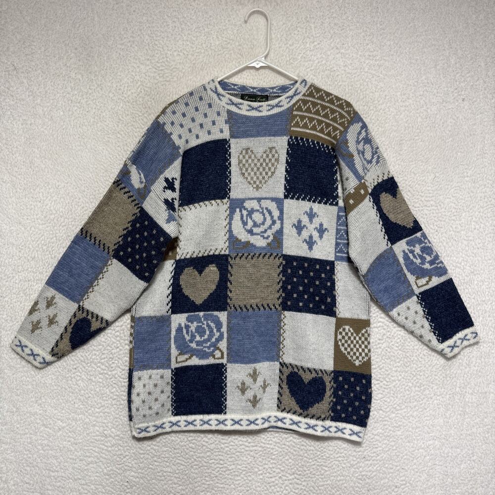VTG Dana Scott Patchwork Quilt Block Pattern Knit Sweater Women’s L Grandma Core